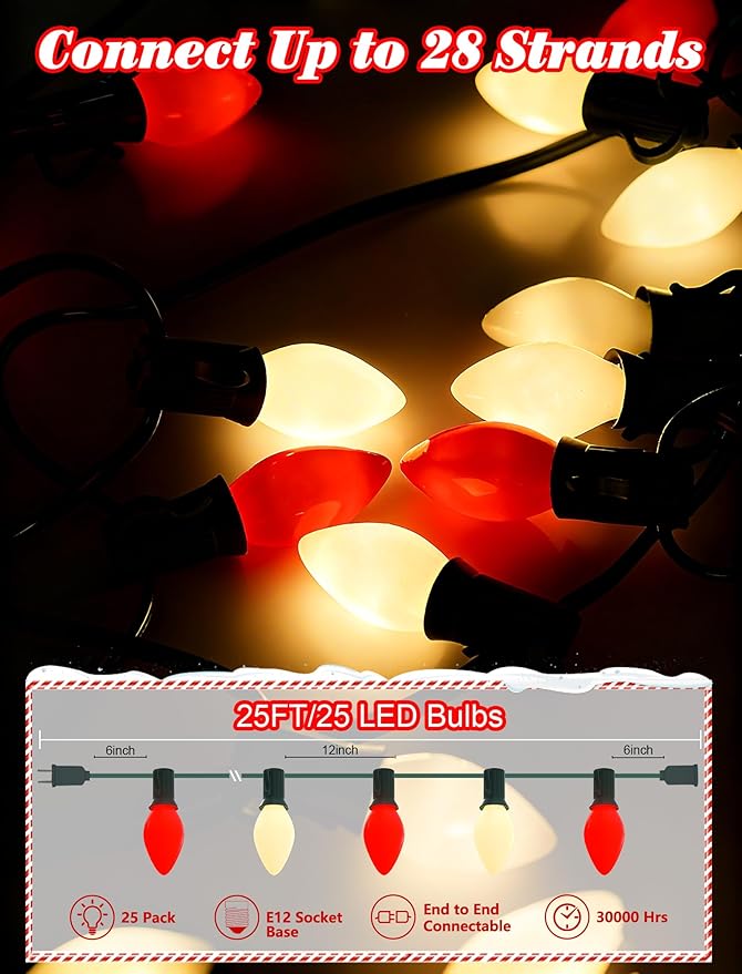 C7 LED Christmas String Lights, 25Ft Red White Christmas String Lights with 27 LED Red White Ceramic Bulbs, Connectable Vintage Valentine Lights for Patio Garden Wedding Party Decor