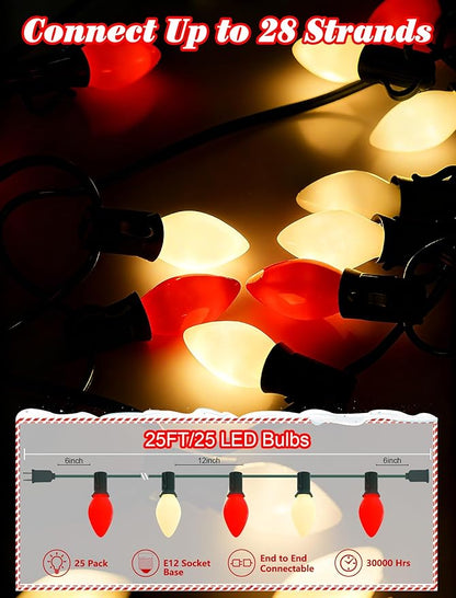 C7 LED Christmas String Lights, 25Ft Red White Christmas String Lights with 27 LED Red White Ceramic Bulbs, Connectable Vintage Valentine Lights for Patio Garden Wedding Party Decor