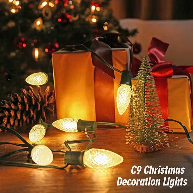 C9 Christmas String Lights, 50 Feet Waterproof Connectable Green Wire Fairy Lights, Christmas Lights for Indoor Outdoor Home Yard Roof Xmas Tree House Decorations, 50+2 Bulbs, Warm White