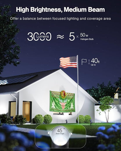 HIBOITEC 30W Spot Lights Outdoor Dusk to Dawn 120V Plug in Flag Pole Light 3000LM 5000K LED Waterproof Landscape Spotlight for Yard Garden Tree Statue, 5.9 FT Cord with Plug