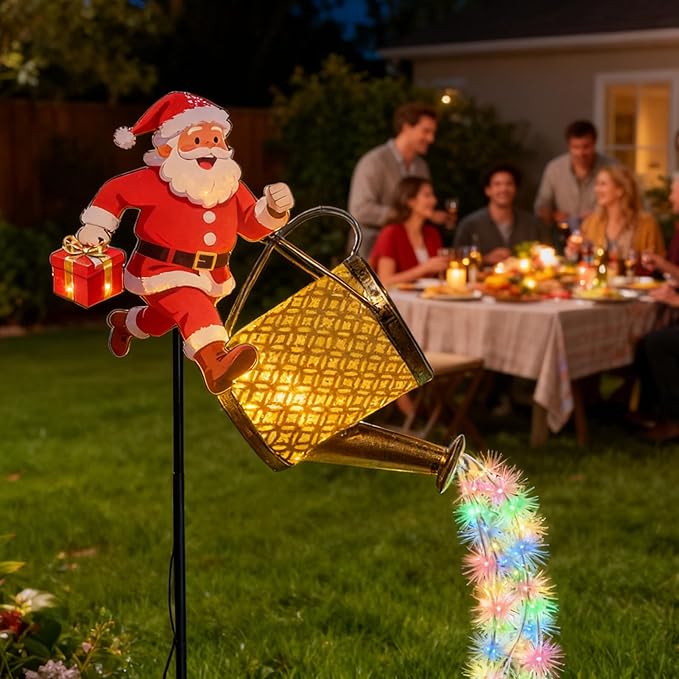 Christmas Santa Solar Kettle Lights, Waterproof Solar Watering Can with Cascading Lights, Garden Lawn Decorative Light, Hanging Metal Solars Santas Watering Can Led Light for Yard Pathway