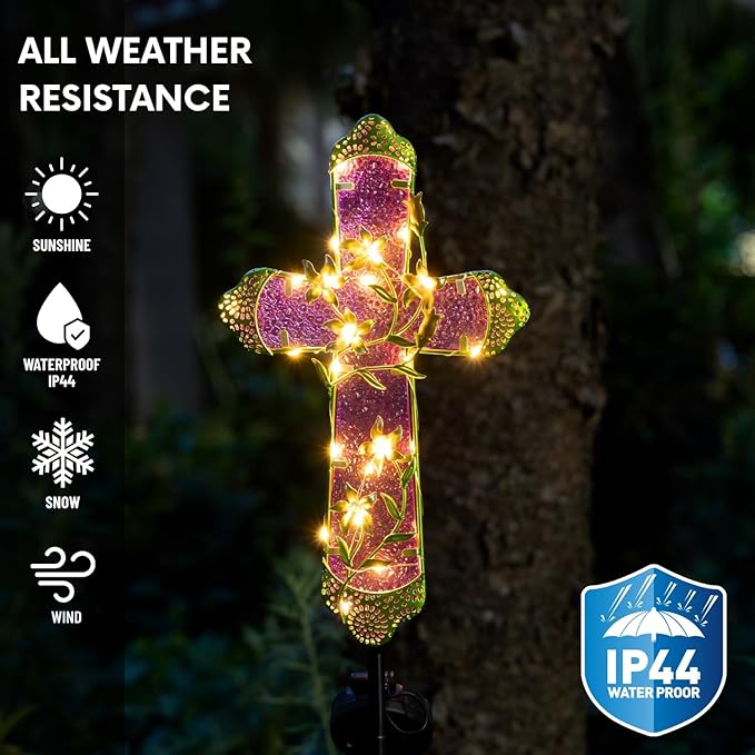 Solar Cross Stake for Cemetery Grave, Memorial Grave Decoration with Flowers and LED Light, Outdoor Solar Cross for Lawn Garden Pathway Decor (Fuchsia)