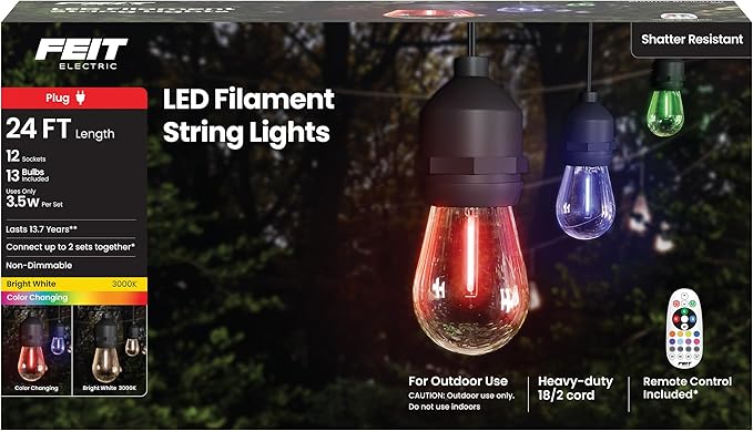 Feit Electric 24ft LED String Light, Color Changing, 3000K Bright White, 15,000-Hour Lifetime, Heavy-Duty 18/2 Cord for Outdoor Use Only, Linkable, Remote Control Included, SL24-12/RGBW/WFIL