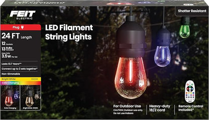 Feit Electric 24ft LED String Light, Color Changing, 3000K Bright White, 15,000-Hour Lifetime, Heavy-Duty 18/2 Cord for Outdoor Use Only, Linkable, Remote Control Included, SL24-12/RGBW/WFIL