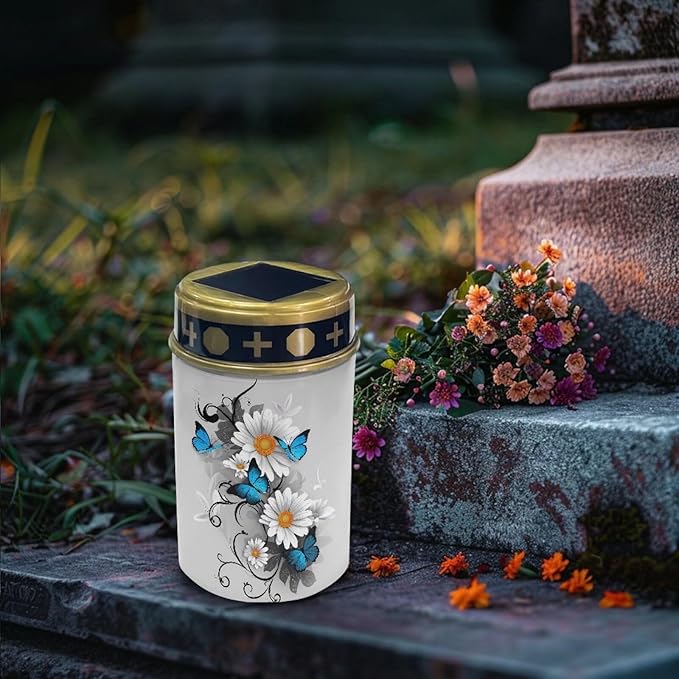 White Floral Pathway Lights Solar Powered Waterproof Solar Lights for Cemetery Outdoor Memorial Garden Stake Lights for Grave Cemetery Garden Decor Memorial Light Grav Lamp