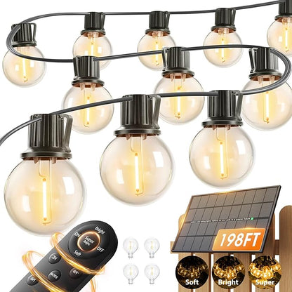 addlon 198FT(192+6) Solar String Lights Outdoor with Remote, 60+4 LED Shatterproof Bulbs, 3 Light Modes, Dimmable & Timable, G40 Waterproof Solar String Lights for Outside Patio Party Decor
