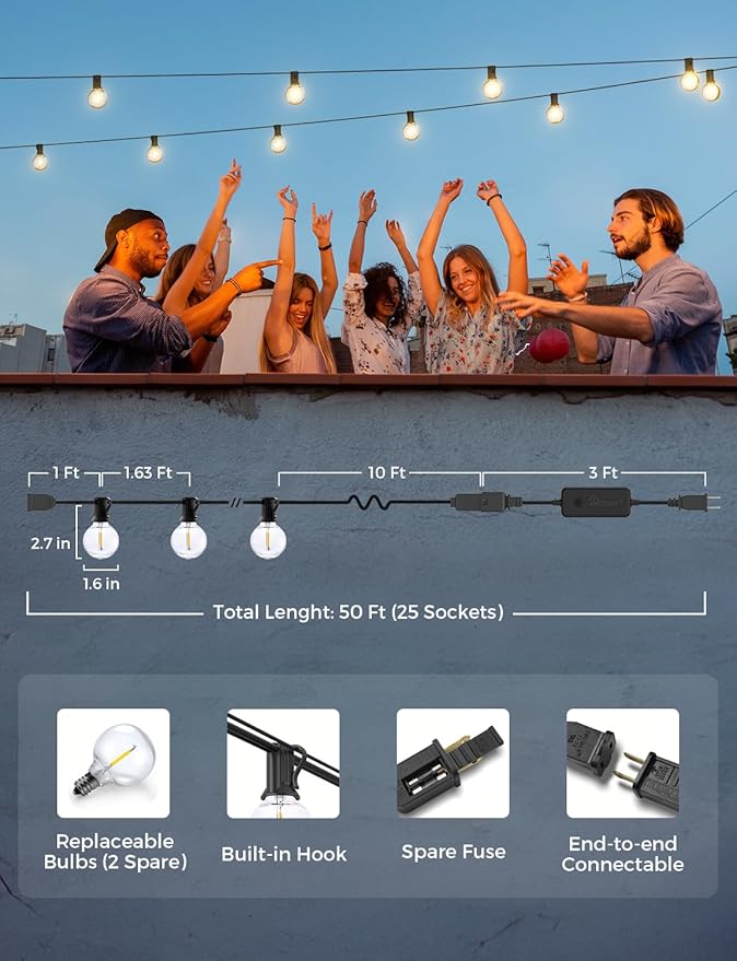 XMCOSY+ Patio Lights, Smart 50Ft Outdoor String Lights with 25 Dimmable G40 Globe Bulbs, APP Control, Work with | Lumora