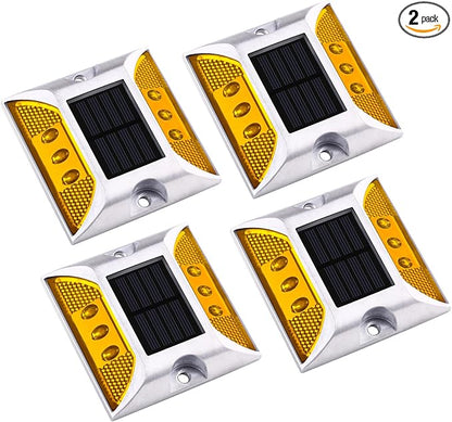 Aolyty Solar Driveway Marker Lights Outdoor, IP68 Waterproof Solar Dock Lights, Bright Warning Flashes Lights Reflective Road Marker for Deck Sidewalk Stair Garden Pathway (Yellow, 4 Pack)