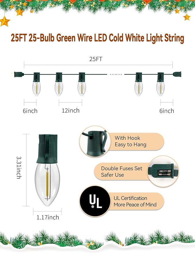 Vintage C9 Christmas Lights Outdoor - 25FT Strand with 25 LED Bulbs, UL Certified Waterproof Green Wire String Lights for Classic Holiday Decorations on Roofline, Patio, and Christmas Tree