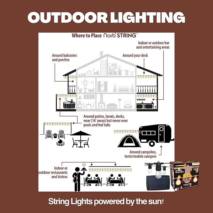 Norb Solar String Lights Outdoor 35FT – NorbSOLAR Weatherproof LED Patio Lights with Warm Candle-Like Glow, Shatterproof Vintage Bulbs, Solar Powered & Energy-Efficient, Outdoor & Event Use