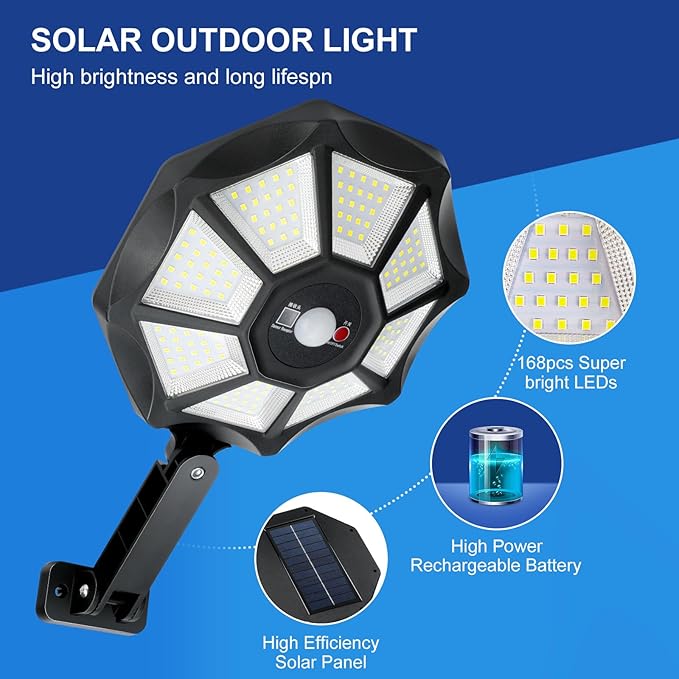 2-Pack Solar Outdoor Lights, 6000k Motion Sensor Flood Light, 168 LED Waterproof Solar Powered Security Lamps