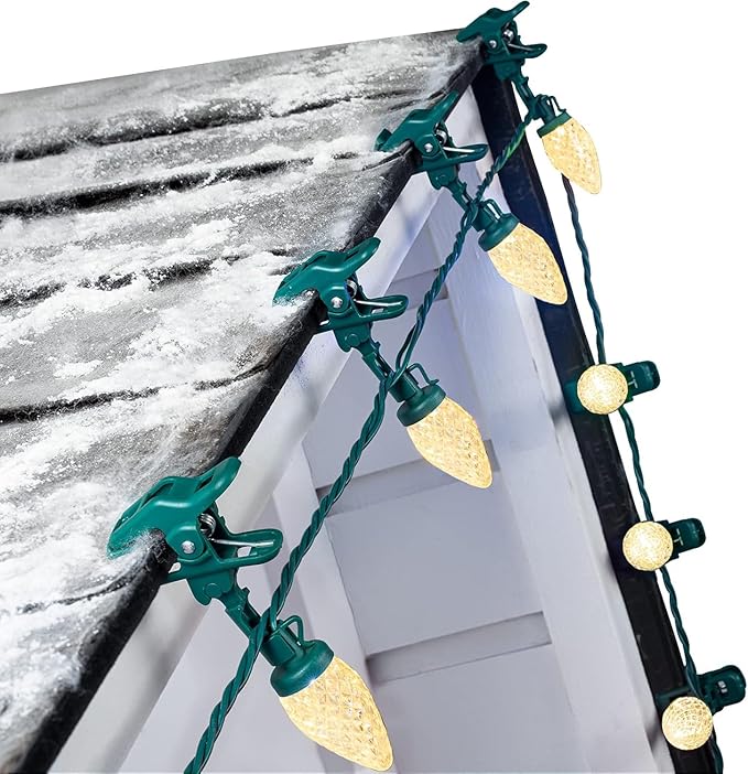 C9 LED Christmas Lights Outdoor with 100 Spring Clips, 65FT 100 LED C9 String Lights Waterproof Connectable for Outside Roofline Patio House Yard Windows Garden Christmas Decorations, Warm White