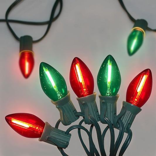 C7 LED Christmas Lights, 25FT Classic Christmas String Lights with 27 Clear Red and Green C7 LED Bulbs(2 Spare), Hanging Lights for Outdoor Patio Wedding Party Decor, Green Wire