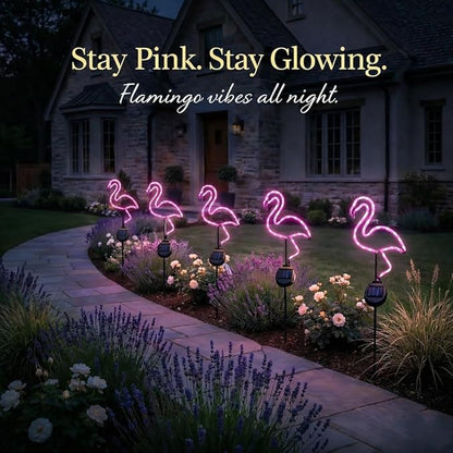 2 Packs Solar Neon-Like Metal Frame Pink Flamingo Stake Light - Outdoor, Pathway, Landscape Light for Lawn, Patio, Garden Or Outdoor Living Area - 28 Inches Tall
