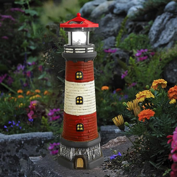 DOITOOL Solar Lighthouse with Rotating LED Lights,15" Tall Waterproof Solar Lighthouse Decoration, Outdoor Lighthouse Lamp Towers Lighthouse Statue, Decorative LED Lamp for Garden Landscape Yard