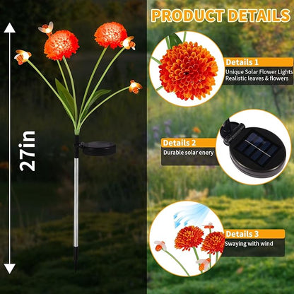 Solar Garden Lights Outdoor, 4 Pack Solar Flowers Lights with Bee, Waterproof Outdoor Solar Swaying Flowers Lights for Garden Yard, Patio, Pathway, Wedding, Festival Decor, Gift for Women/Mom