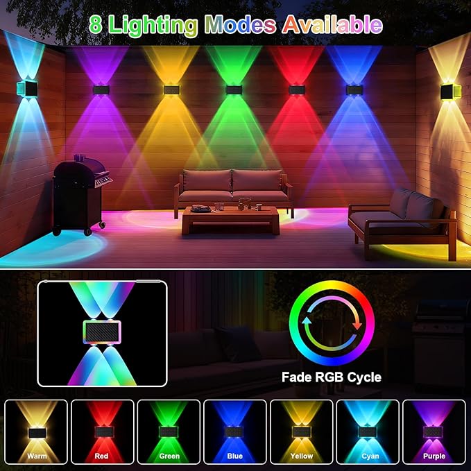 Solar Fence Lights Outdoor, New Up Down Lighting Fence Lights Solar Powered with 8 Modes Warm White/RGB, IP65 Waterproof Solar Wall Light for Backyard Wall Pathway Deck Patio Decor - 8 Pack