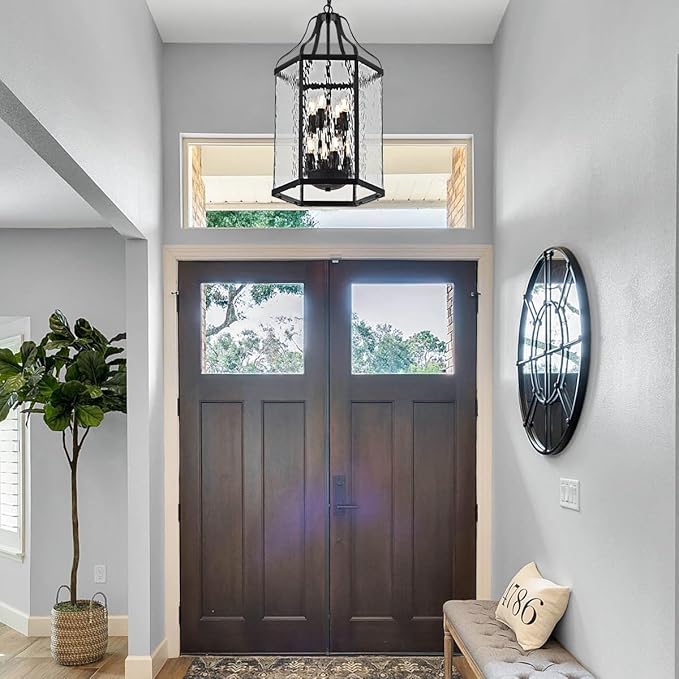 14" Modern 8-Light Exterior Black Lantern Pendant Light Fixture with Clear Rippled Glass Mini Industrial Hanging | Lumora