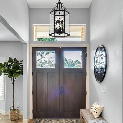 14" Modern 8-Light Exterior Black Lantern Pendant Light Fixture with Clear Rippled Glass Mini Industrial Hanging Cage Chandelier for Outdoor Kitchen Dining Room Hallway Entryway Foyer Porch