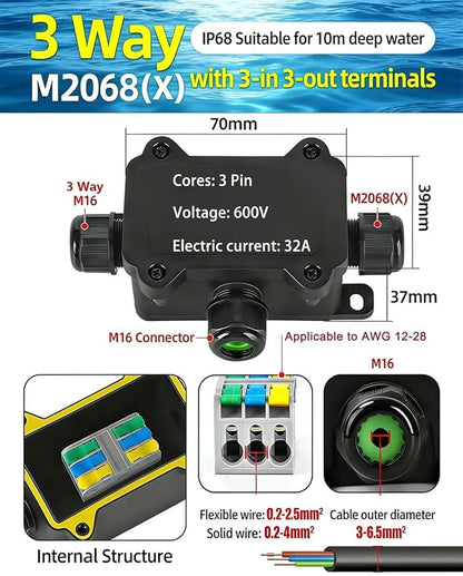 Outdoor Junction Box 3 Way, IP68 External Waterproof Electrical Box, Suitable for Garden Lights, Tunnel Lights,Underground Wiring(2 PCS-Small)