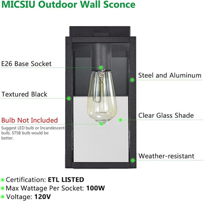 MICSIU 2 Pack Outdoor Light Fixture, 11 Inch Modern Farmhouse Exterior Wall Sconce with Clear Glass, Textured Black Outside Porch Lights for House Garage Patio, E26 Base, ETL Listed