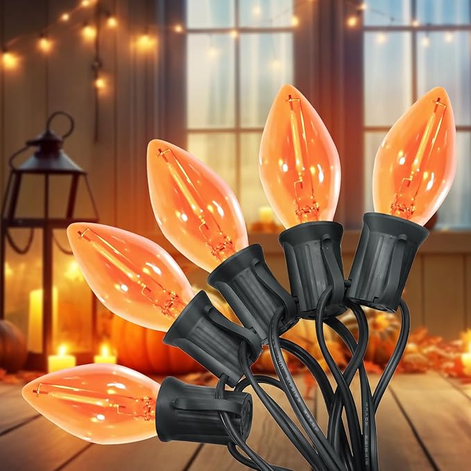 C7 Christmas Lights, Led Clear Orange Halloween Outdoor String Lights, 25FT Commercial Grade Patio Light with 27 C7 | Lumora