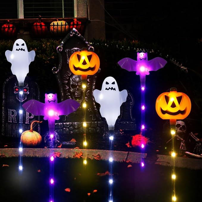 Halloween Decorations Outdoor Solar Pumpkin Bat Ghost Garden Stake Lights, 6-Pack 8 Modes Solar Halloween Lights | Lumora