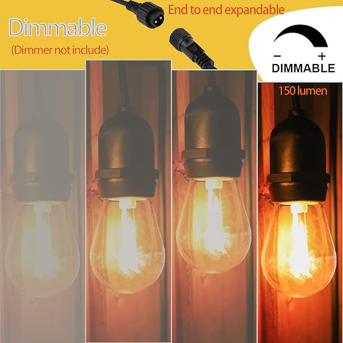 LOKATSE HOME 54 Ft S14 Outdoor String Lights 15 Edison Bulbs (+ 1 Spare) Waterproof Shatterproof E26 Base Connectable Commercial Grade Hanging for Patio Deck Backyard