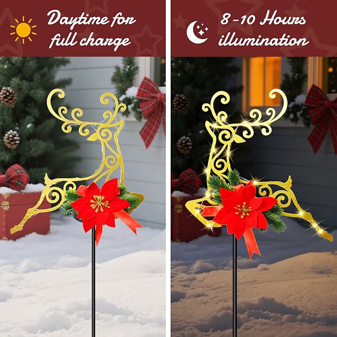 2-Pack Christmas Solar Pathway Lights Outdoor Waterproof, Xmas Metal Reindeer Garden Stake Lights with Poinsettia Decorations for Yard Lawn Walkway Porch Holiday Decor