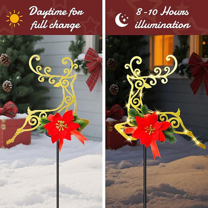 2-Pack Christmas Solar Pathway Lights Outdoor Waterproof, Xmas Metal Reindeer Garden Stake Lights with Poinsettia Decorations for Yard Lawn Walkway Porch Holiday Decor