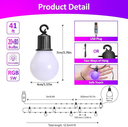 Outdoor String Lights 41ft 20 Dimmable Bulbs+80 LED Beads,RGB Patio Lights with Remote,IP65 Waterproof Shatterproof Color Changing String Lights USB Plug for Outside Garden Yard Party Decor