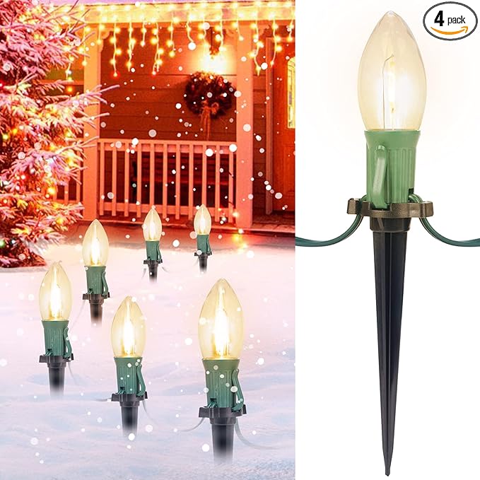 Brightown C9 Christmas Lights Outdoor, 4 Packs Total 103 Ft Christmas Pathway Lights with 80 LED Bulbs and Stakes, Connectable Outdoor Christmas Decorations Yard Walkway Sidewalk Holiday, Warm White