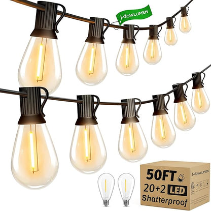 Outdoor String Lights, 50FT Patio Lights with 22 Shatterproof S11 Bulbs (2 Spares), IP65 Waterproof & Connectable, 2200K Warm White LED Hanging Lights for Cafe, Garden, Porch, Party Decor