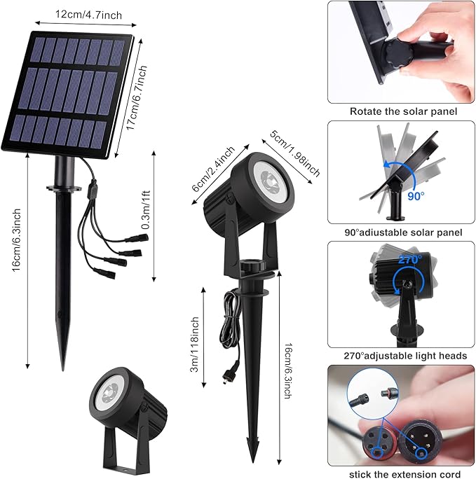 T-SUNUS Solar Christmas Spotlight Outdoor Warm White 3000K, 4-in-1 Spot Lights IP65 Waterproof 9.8ft Cable 5W | Lumora
