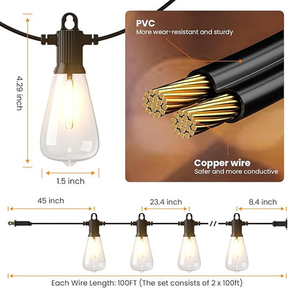 KAWAYA 200FT Patio String Lights: 100+4 Dimmable Waterproof Shatterproof LED Vintage String Lights,Commercial Outdoor Lights for Porch Backyard Garden Bistro Outside Balcony Gazebo Party Cafe(100FTx2)