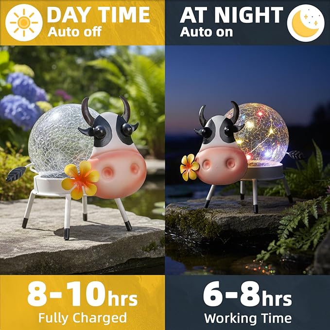 Solar Lights Outdoor Dairy Cow Decor with Crackle Glass Globe Lights - Cute Metal Cow Decor - Garden Figurine Light | Lumora