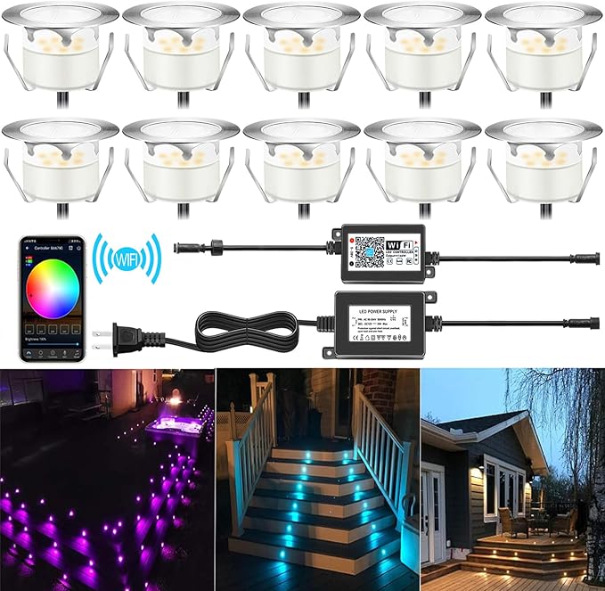 Smart LED Deck Lights Kit WiFi Controlled Color Changeable,Φ1.38“Outdoor IP67 Waterproof Low Voltage Step Lights In-Ground Lighting,Works with Samrt Phone,Alexa, Google Home(Silver Border,10pack)
