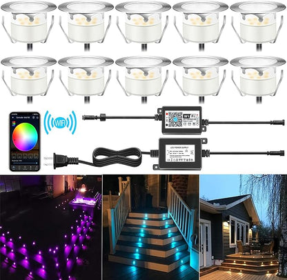 Smart LED Deck Lights Kit WiFi Controlled Color Changeable,Φ1.38“Outdoor IP67 Waterproof Low Voltage Step Lights In-Ground Lighting,Works with Samrt Phone,Alexa, Google Home(Silver Border,10pack)
