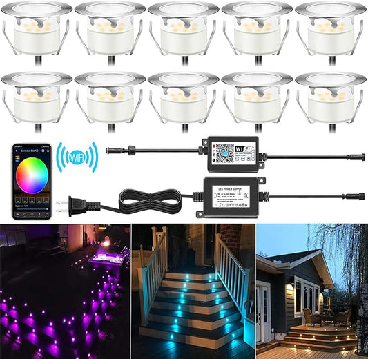 Smart LED Deck Lights Kit WiFi Controlled Color Changeable,Φ1.38“Outdoor IP67 Waterproof Low Voltage Step Lights In-Ground Lighting,Works with Samrt Phone,Alexa, Google Home(Silver Border,10pack)