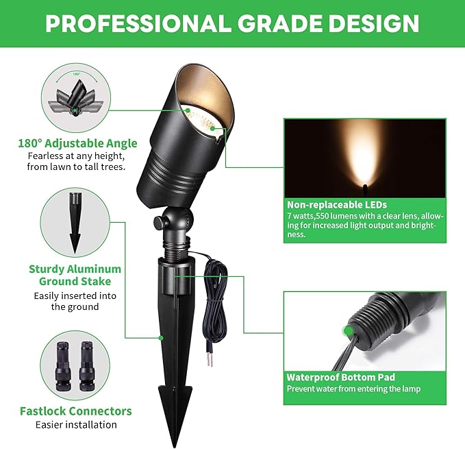 Landscape Spotlights Low Voltage - 2700K/3000K/3500K/4000K/5000K Selectable Uplights, 12V Wired LED Spot Lights Outdoor Waterproof, Aluminum Black for Outside Trees Wall 4 Pack