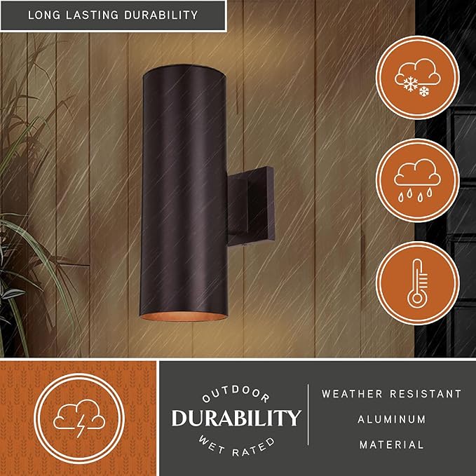 VAXCEL Chiasso Modern Outdoor Porch Light, 5" W x 14.25" H 2-Light Deep Bronze Cylinder Wall Sconce, Waterproof Up | Lumora