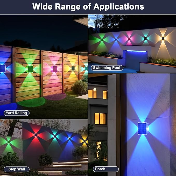 Solar Fence Lights Outdoor, New 4-Way Lighting Fence Lights Solar Powered with 8 Modes Warm White/RGB, IP65 Waterproof Solar Wall Light for Backyard Wall Pathway Deck Patio Decor - 12 Pack