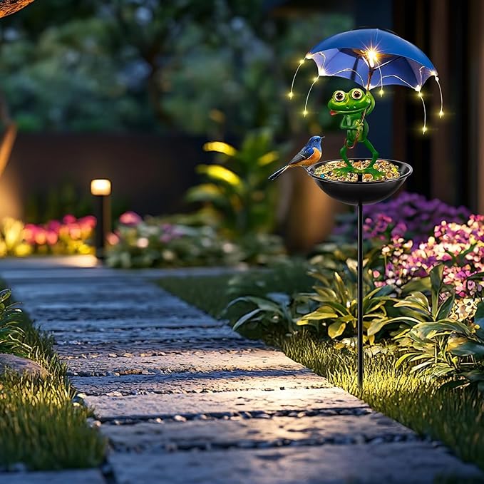 Solar Bird Feeder Frog Garden Decor, Outdoor Solar-Lights Frog Figurine Lights with Umbrella, Hummingbird-Feeder Decorative Path Lights Gardening Gifts for Women, Yard Art Ornament Bird Feeder Blue