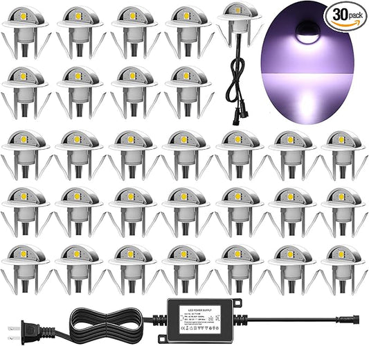 30 Pack LED Stair Lights Kit Low Voltage Waterproof IP65 Outdoor 1-2/5" Recessed Wood LED Deck Lighting Yard Garden Patio Step Landscape Pathway Decor Lamps, Cold White