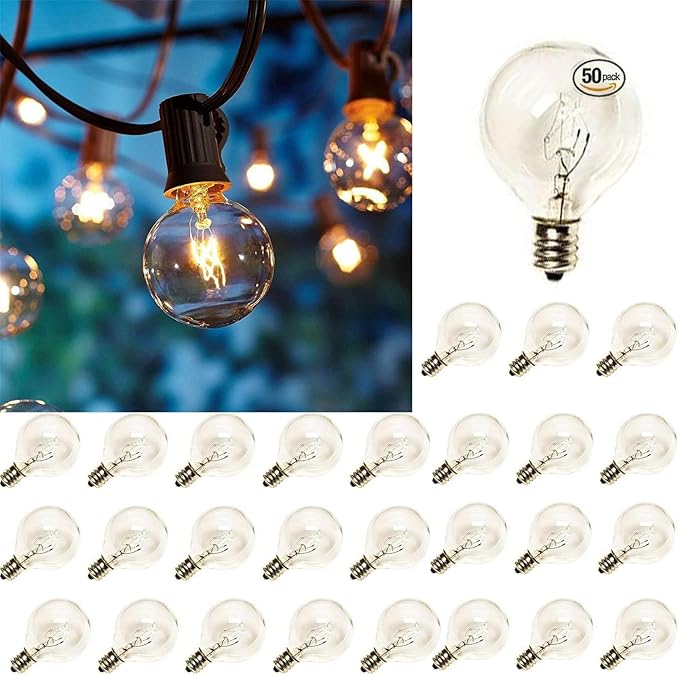 Abeja 50 Feet Patio String Lights with 53 Edison Globe Bulbs and 50 Pack G40 Light Bulbs Replacement, 120V 5W Clear Globe G40 Outdoor String Lights