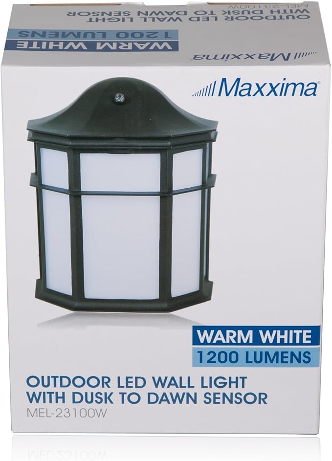 Maxxima Black Aluminum Outdoor LED Wall Pack Light - Featuring Automatic Dusk to Dawn Photocell Sensor, 1200 Lumens, 3000K Warm White, Decorative Sconce Lighting for Porch or Patio
