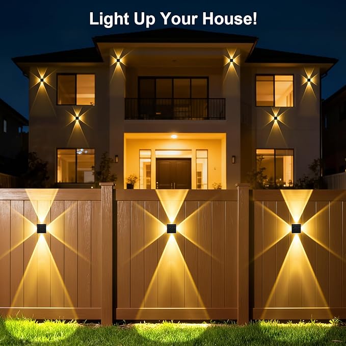 Solar Fence Lights Outdoor, New 4-Way Lighting Fence Lights Solar Powered with 3 Modes 3000K/4000K/6000K, IP65 Waterproof Solar Wall Light for Backyard Wall Pathway Deck Patio Decor - 12 Pack