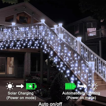 DBFAIRY Solar Curtain Lights,13ft x 3.3ft 200 LED Outdoor Solar Curtain Lights Waterproof Green Wire with 8 Mode for Garden Handrail Railing Eaves Wall Decoration -Cool White