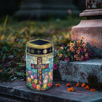 Solar Cross for Cemetery Grave Tulip Cemetery Decorations for Grave Auto On/Off LED Solar Light for Landscape Outdoor Cemetery Decor Memorial Gifts