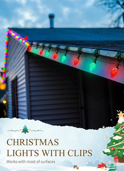 Minetom C9 LED Christmas Lights Outdoor, 68 Feet 100 LED C9 String Light with 100 Spring Clips, Waterproof Connectable Christmas Tree Lights for Outside Roofline Patio Home Xmas Decor, Red & Green